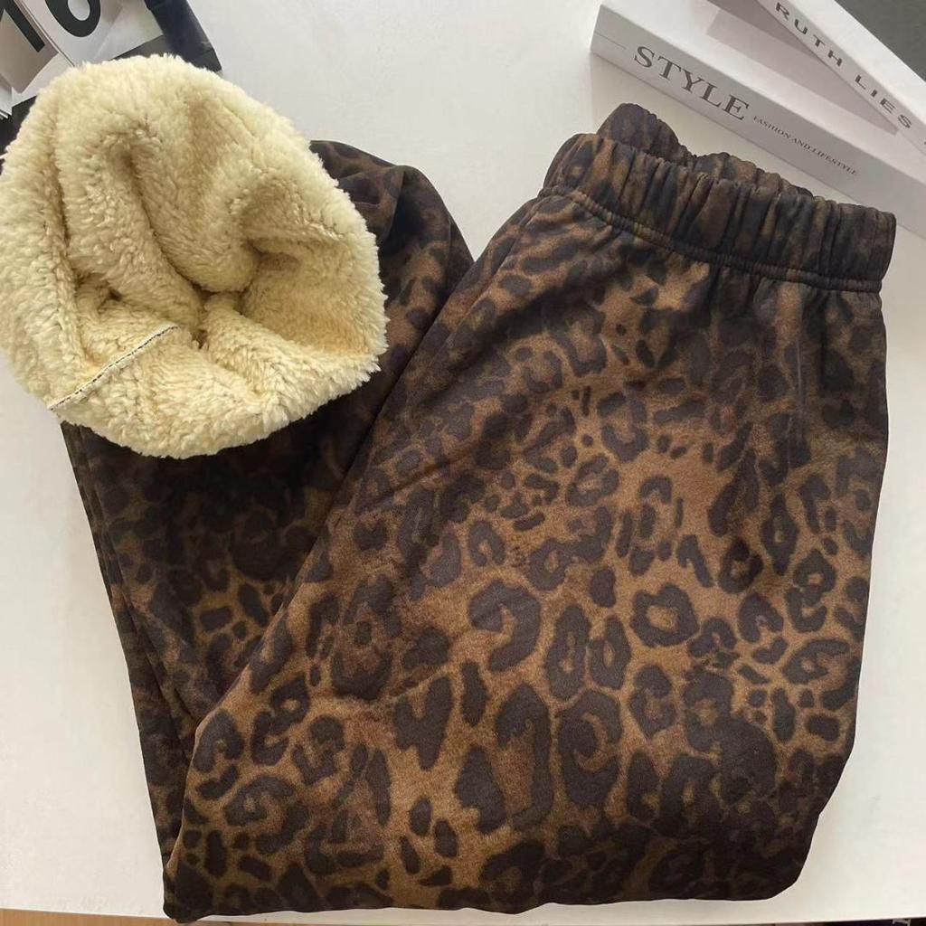 Spodnie zimowe w kratę z podszewką z polaru w panterkę, z wysokim stanem i szerokimi nogawkami