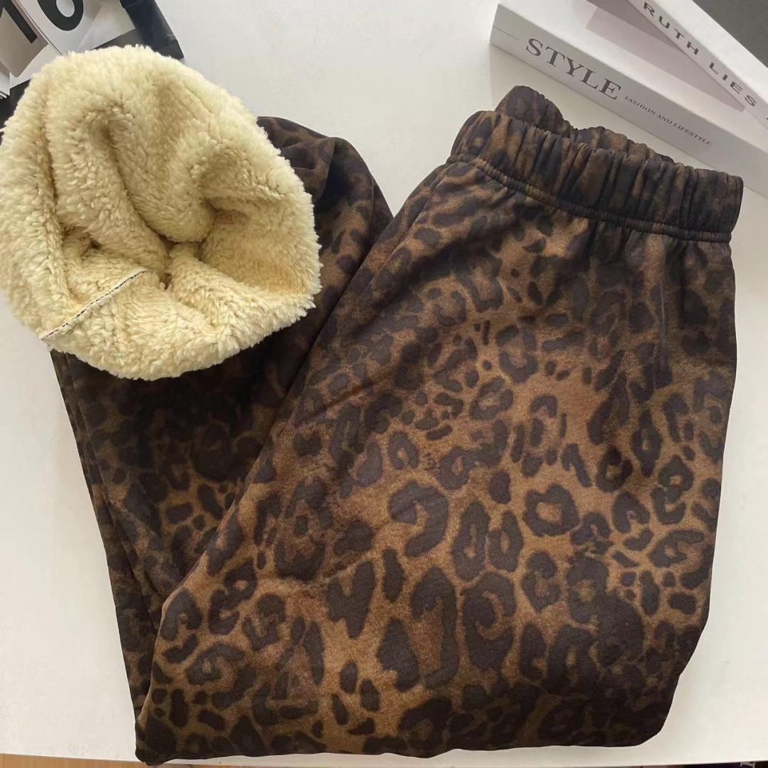 

Флисовые клетчатые зимние брюки с леопардовым принтом, с высокой посадкой и широкими штанинами Standard (100cm) fits 80-140 lbs