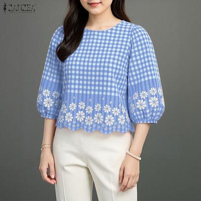 Women Casual Round Neck 3/4 Sleeve Loose Plaid Print Blouse