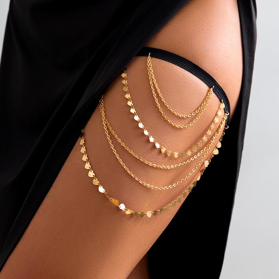 

Boho Sexy Elastic Band Bandage Leg Thigh Chain for Women Bikini Summer Heart Tassel Pendant Multilayer Garter Belt Body Jewelry