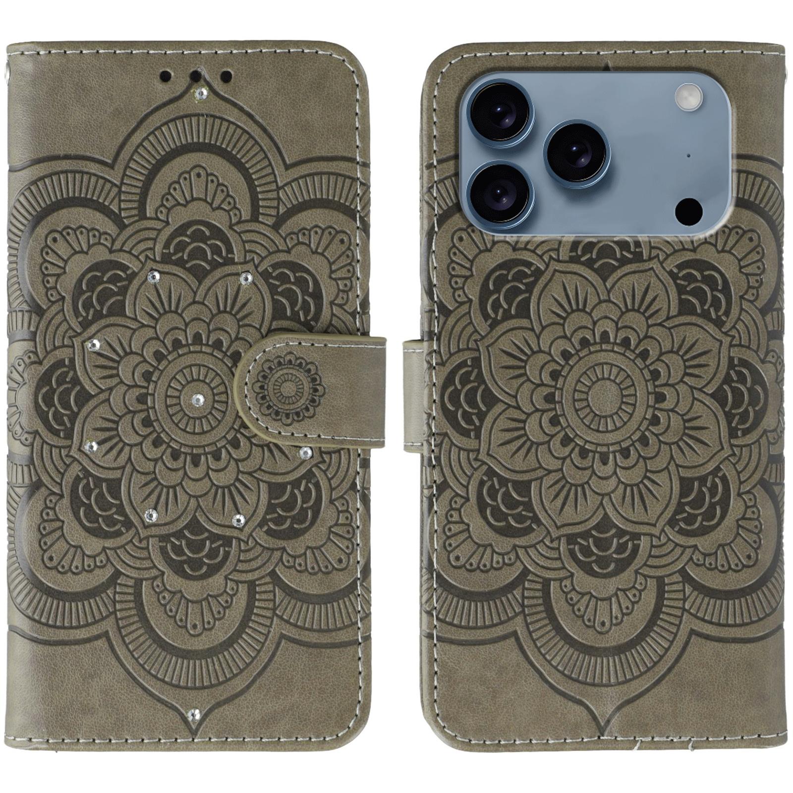 

For iPhone 17 Pro Case Rhinestone Decor PU Leather Mandala Imprinted Design Phone Cover with Wrist Strap Grey
