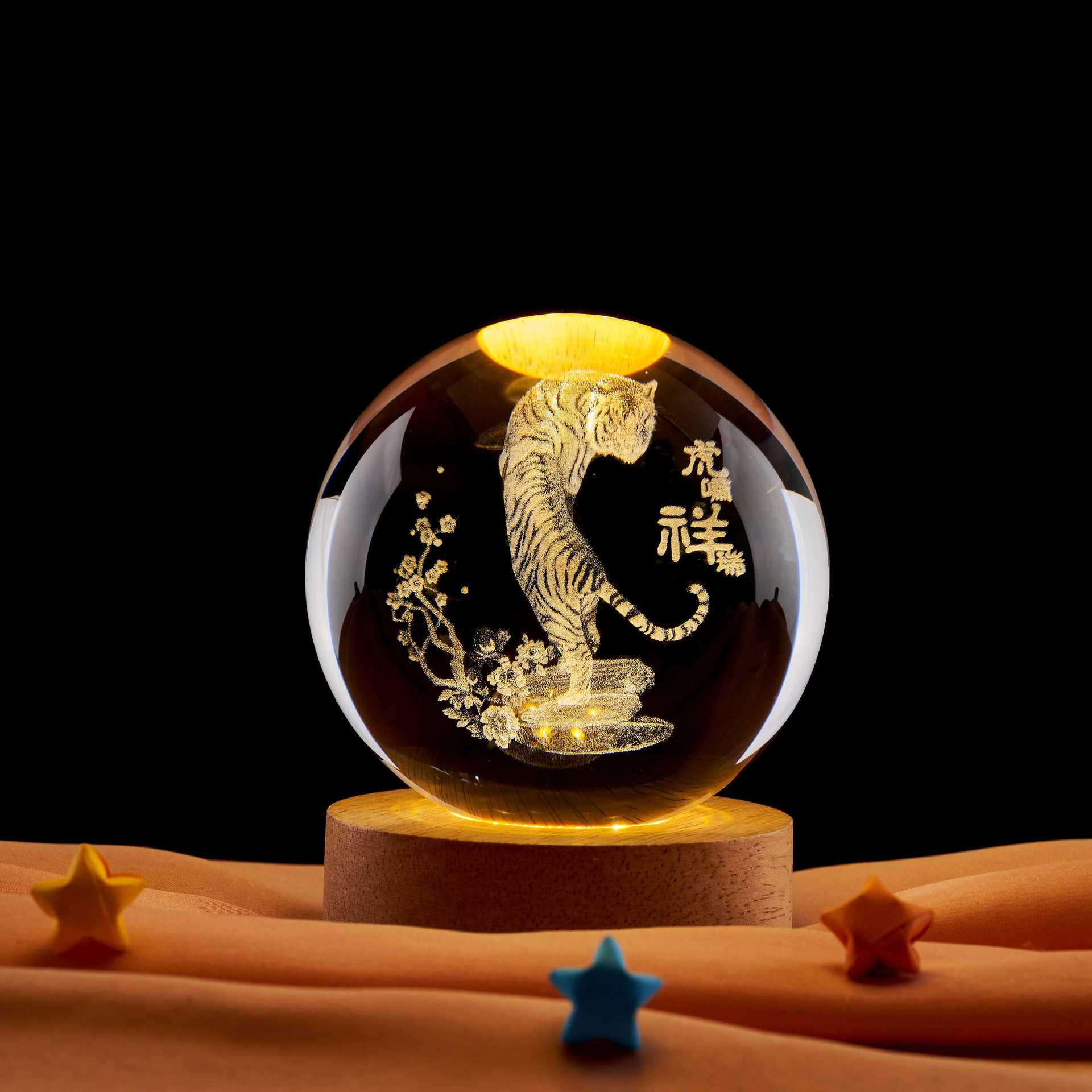 Tiger Roaring 3D Crystal Carved Night Light - Auspicious Ornament & Creative Birthday Gift