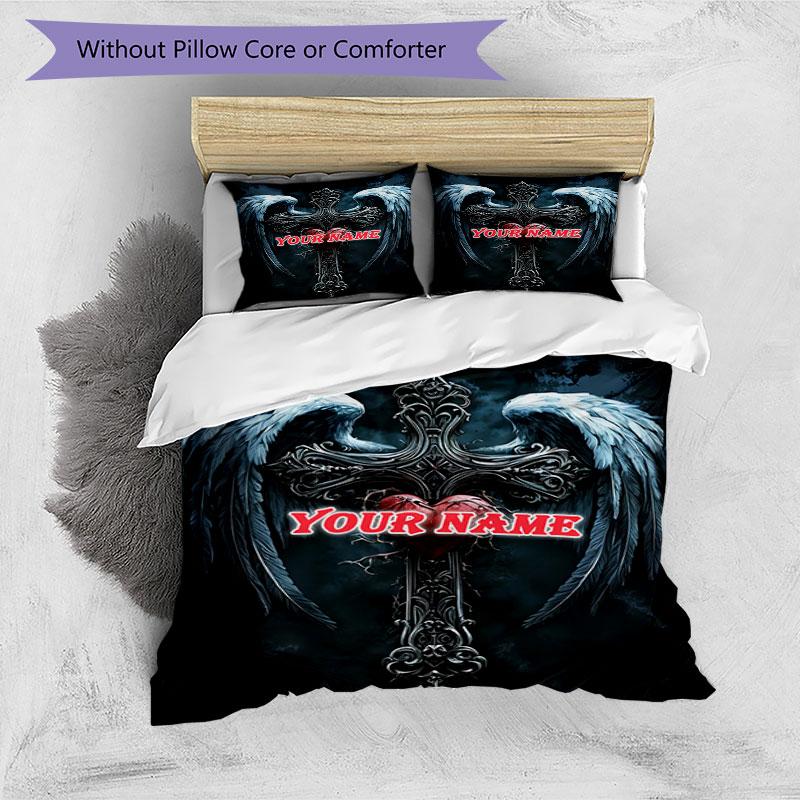 3PC Custom Name "Angel Wings Cross Heart" Bedding Set Duvet Cover Closure Includes 1 Duvet Cover & 2 Pillowcases for Bedroom