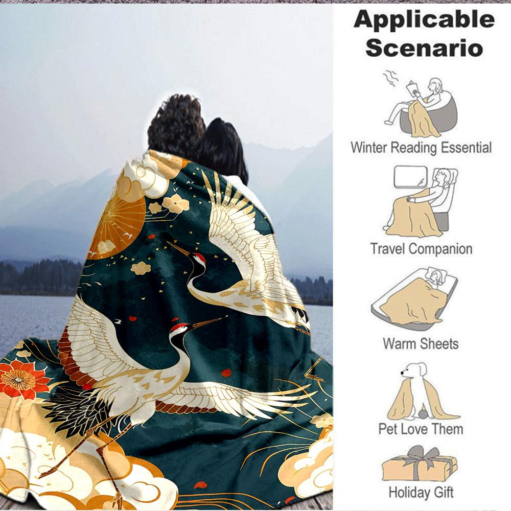 1 Stück leichte Flanelldecke mit Kranich- und Blumenmuster, bequeme und warme Decke, für Büro und Camping, Sofa, Bett, Wohnzimmer076