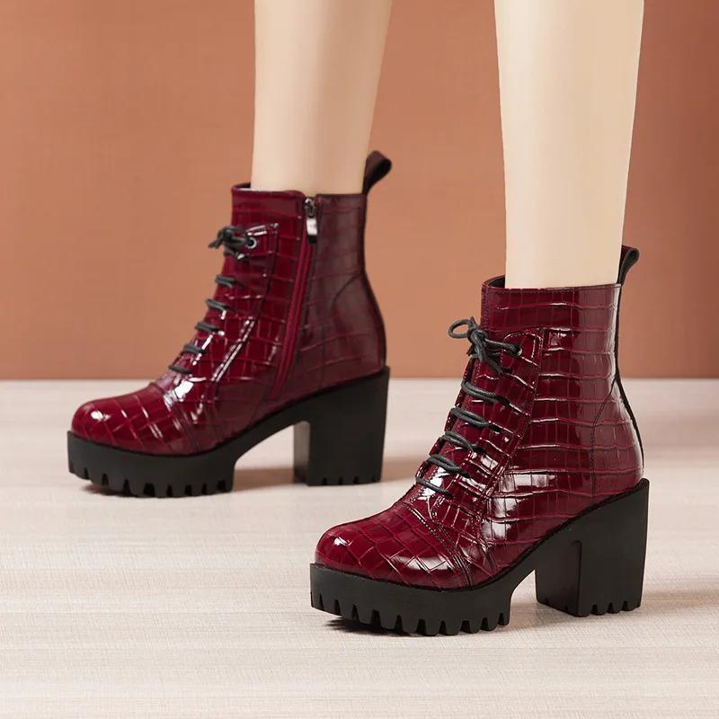 8cm Small Size 32-43 British Thick Bottom Platform Shoes Fall Winter 2025 Block High Heels Leather Short Ankle Boots for Women