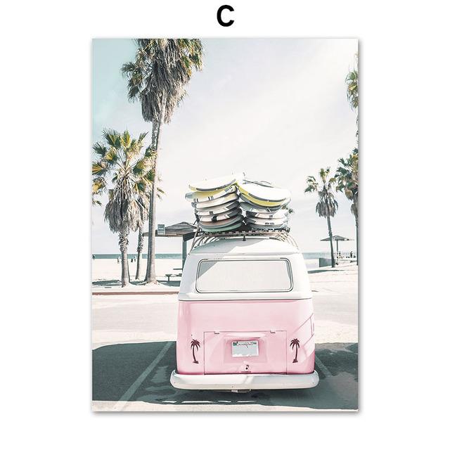 Girl Coconut Tree Van Surfboard Flamingo Wall Art Canvas Painting Nordic Posters And Prints Wall Pictures For Living Room Decor