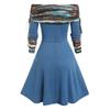 Convertible Neck Cinched Striped Flare A Line Dress Long Sleeve Dress For Women