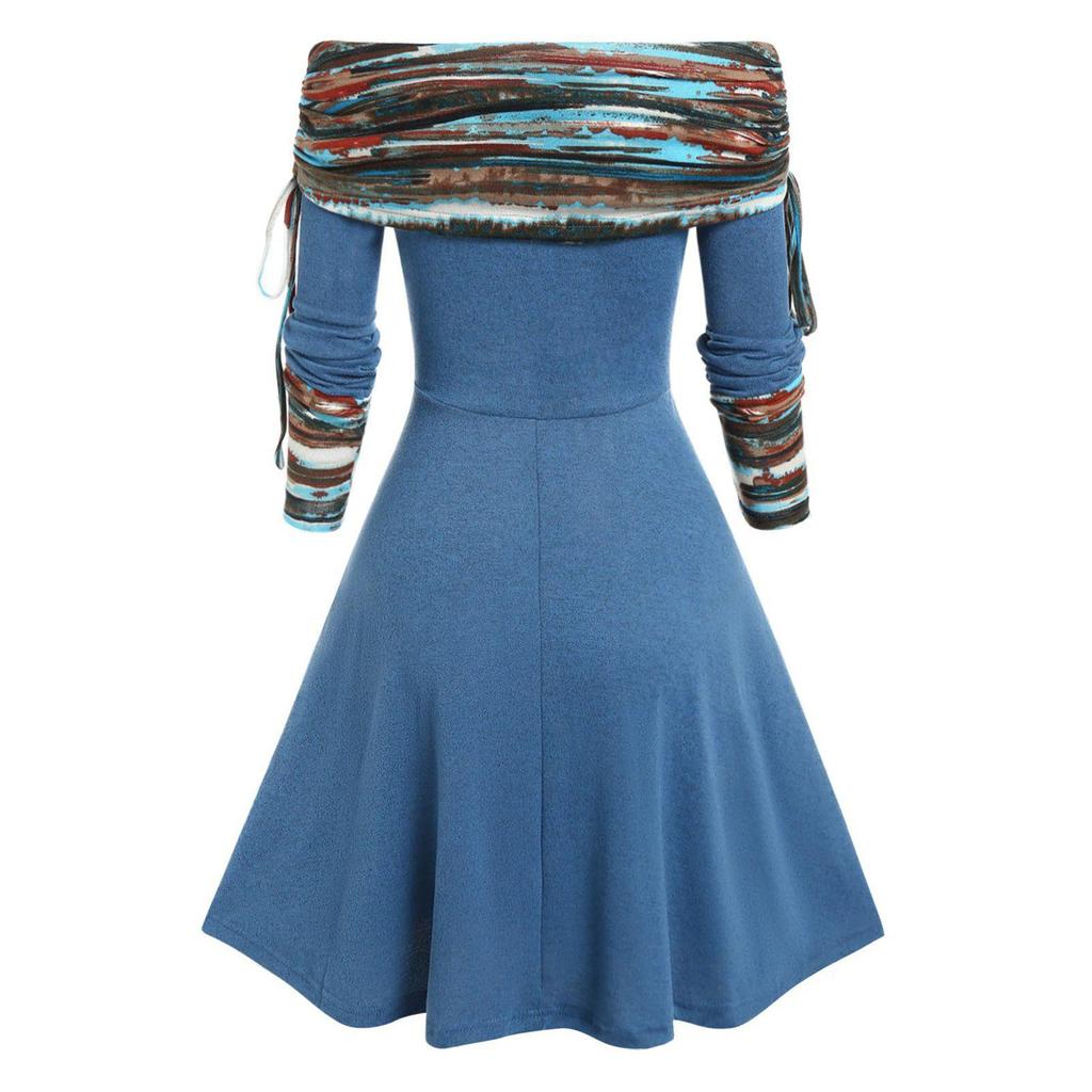Convertible Neck Cinched Striped Flare A Line Dress Long Sleeve Dress For Women