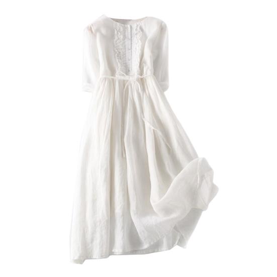 Dámske midi šaty na ramienka, tesný pás, skladané polovičné rukávy, dvojvrstvové, retro, jednofarebné, O, výstrih