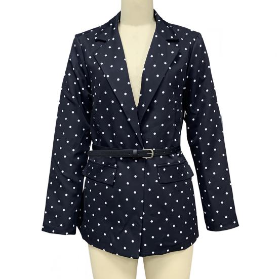 Yousheng Women Suit Coat Lapel Long Sleeve Dot Print Buttons Placket Suit Jacket with Belt Versatile Urban Style Business Workwear