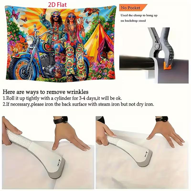 2D Flower Power Hippie Backdrop, 60s 70s Couple on Motorcycle Background for Themed Party