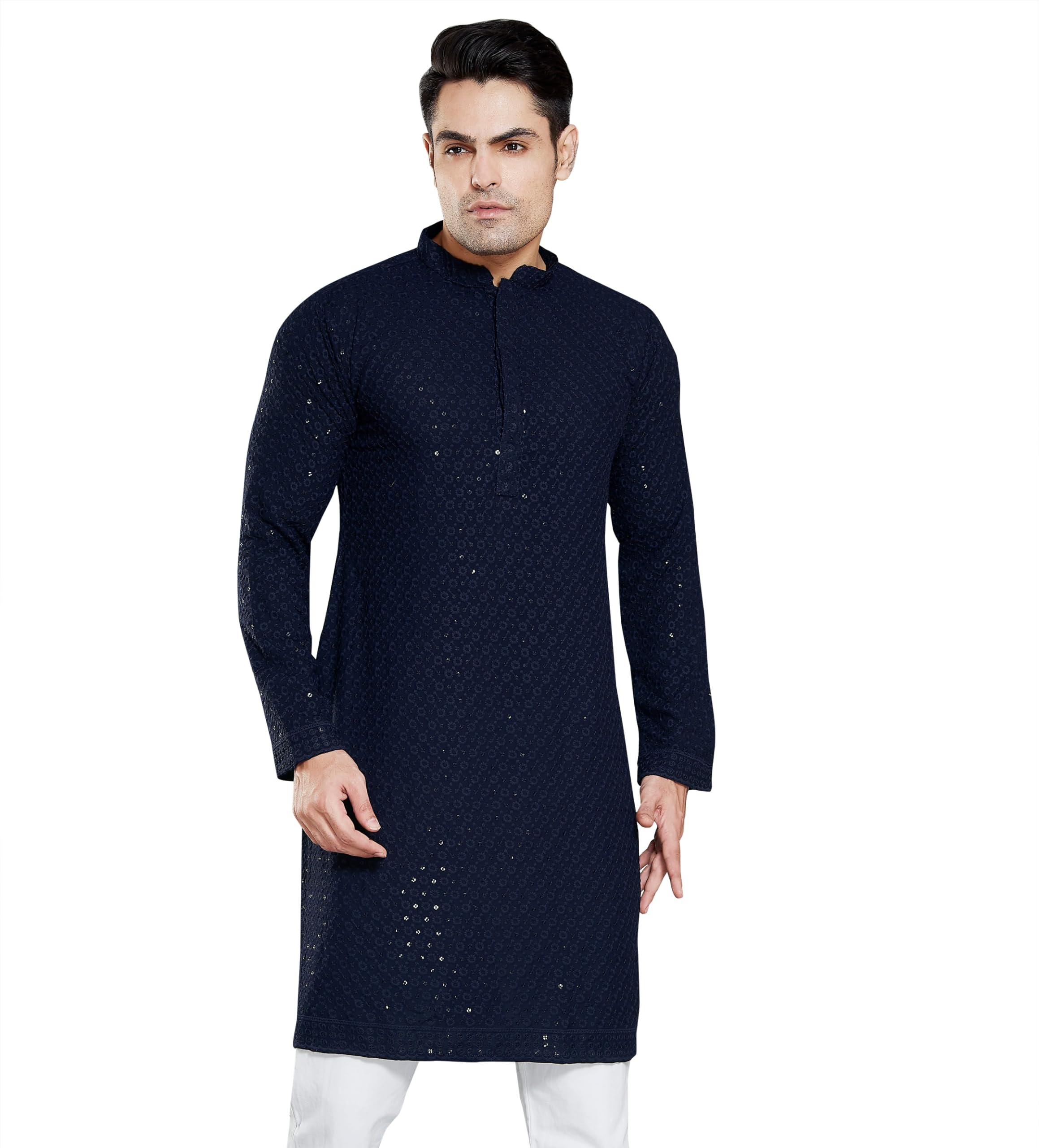 

DIVISIVE Men s Sequince Embroidered Cotton Blend Only Slim Fit Kurta (DKRT19_L_Navy Blue) L синий
