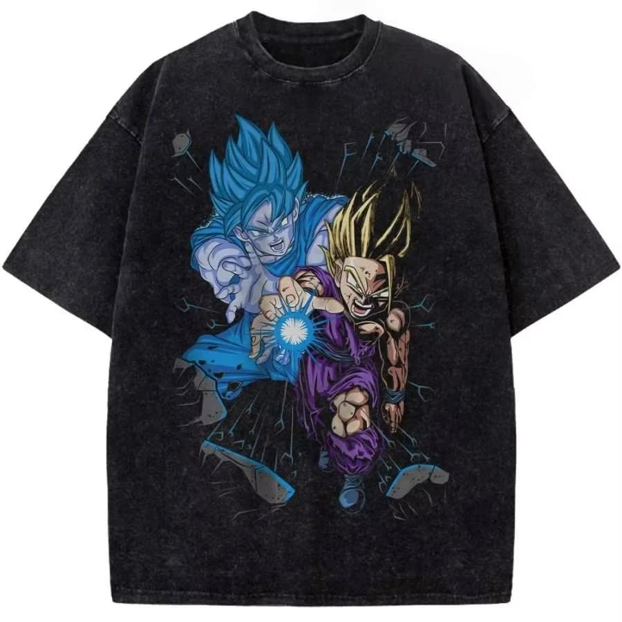 2026 Summer Dragon Ball Nostalgic T-Shirt 100_ Cotton Heavyweight Washed Retro Oversized Men's Goku Fusion Print Unisex Y2k