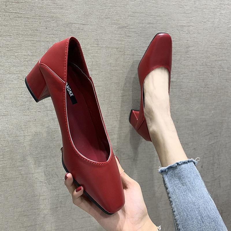 Fashion Shallow Mouth with Follow-up Shoes 2024 New Simple Solid Color Middle Heel Square Toe Daily Work Single Shoe Zapatos De Mujer
