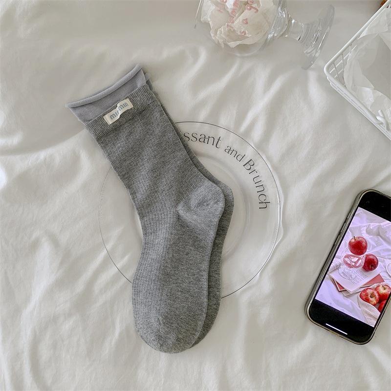 

Korean Style Mid-Calf Cotton Socks for Girls - Breathable, Color Block, Rolled Edge, Summer to Autumn One Size светло-серый