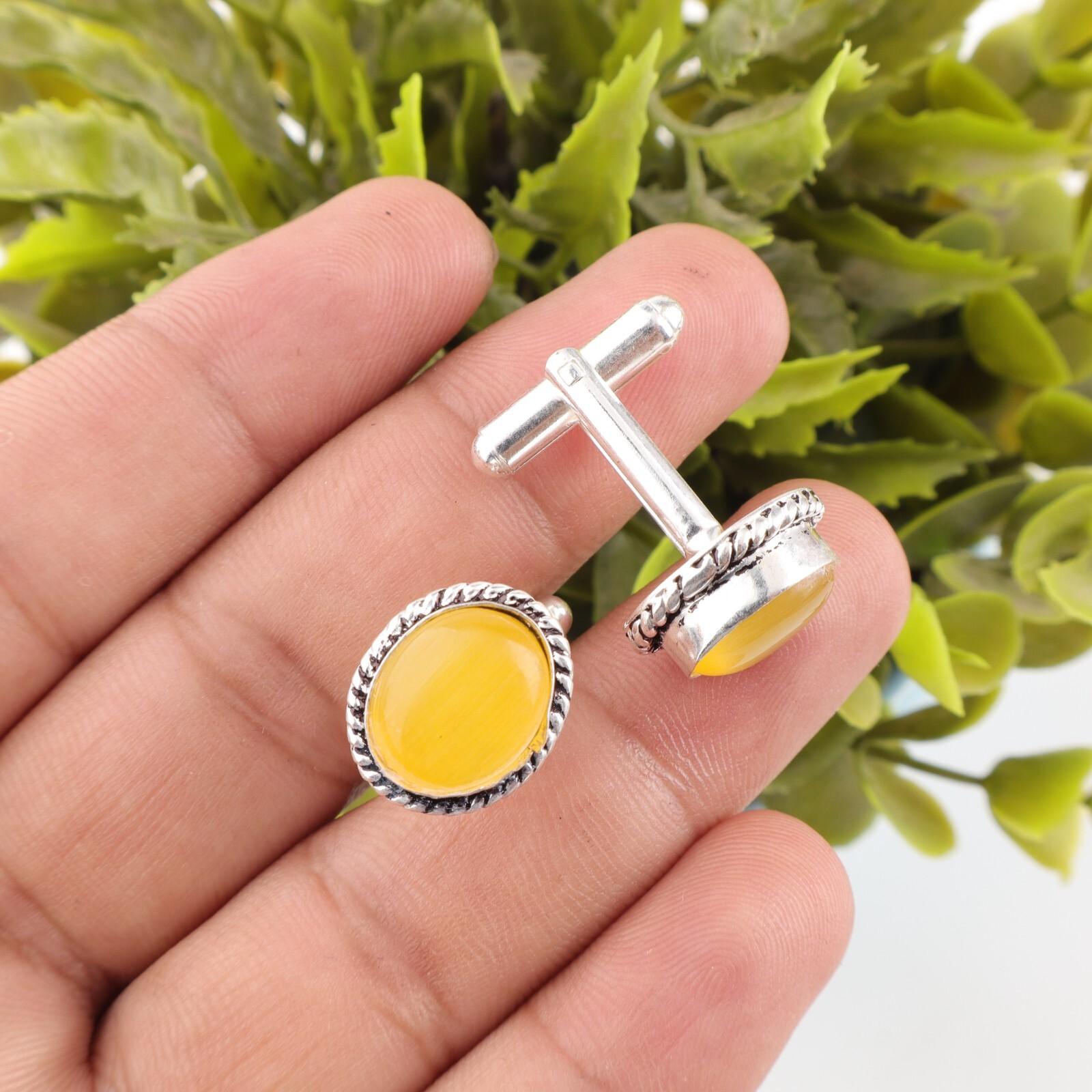 

Желтый Камень Кошачий Глаз Серебро 925 пробы Ручной работы Запонки 0,6 Для мужчин CL-1-28