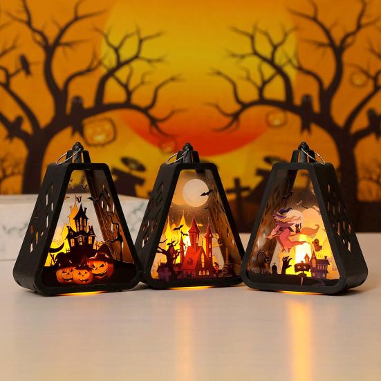 Halloween Håndholdt LED-lanterne Bærbar Nattlampe med Gresskar Slott Heks Mønster Batteridrevet Halloween-lampe for Innendørs Utendørs Festdekor