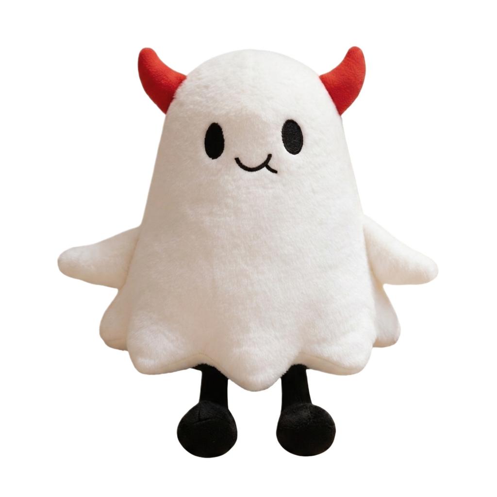 Plush Ghost Toy Soft Stuffed Animal Plushie with Devil Horns and Embroidered Face for Kids and Collectors Halloween Gift