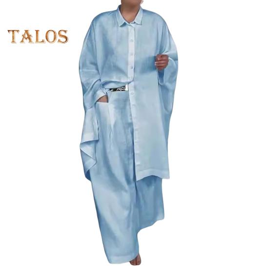 

2 шт./компл., осенне-весенняя женская рубашка и брюки, комплект, блузка на пуговицах с длинными рукавами и лацканами с нагрудным карманом, эластичные брюки на талии, OL для поездок на работу, спорт XXL синий