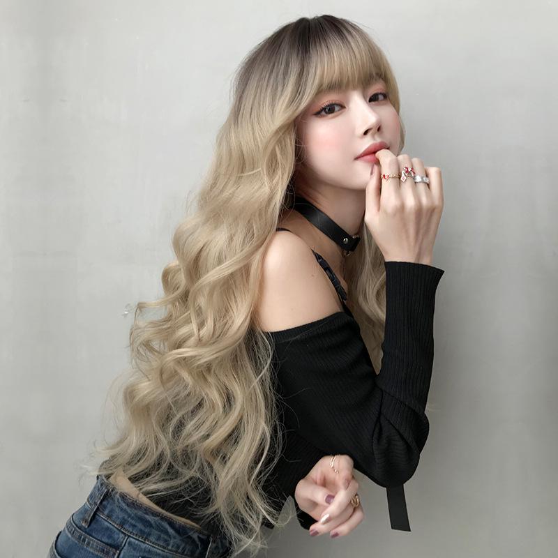 New Style Golden Long Curly Wig with Air Bangs - European and American Women's Design