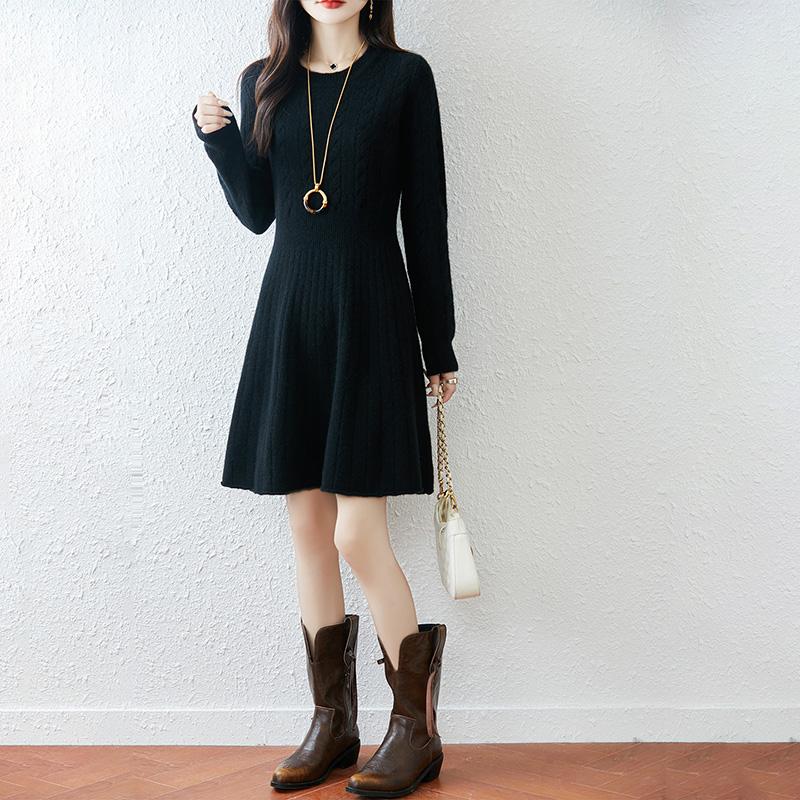 Women Sweater Dress 100% Wool MODERN NEW SAGA O-neck Knit Long Pullover Winter Jumpers Wool Long Dress Female