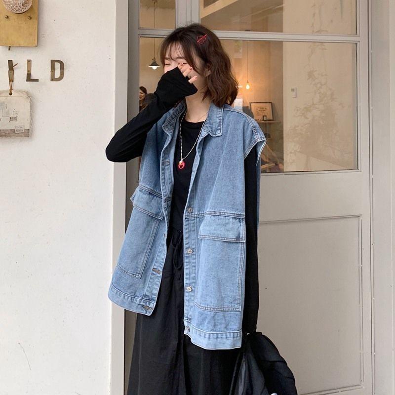 

Hong Kong Style Denim Jacket for Women Korean Style Loose Student Spring and Autumn New Style Workwear Waistcoat Denim Vest 3XL синій