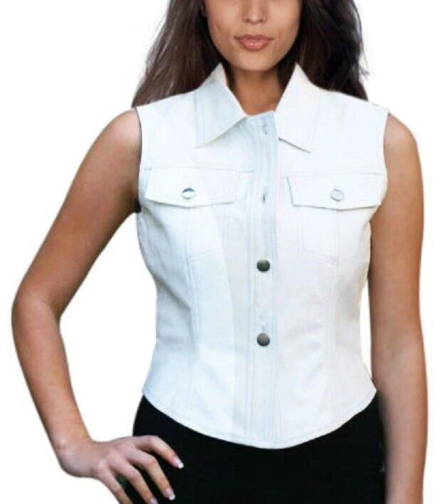 Fancy Party Lambskin White Stylish Women Leather Vest Coat Winter Waistcoat