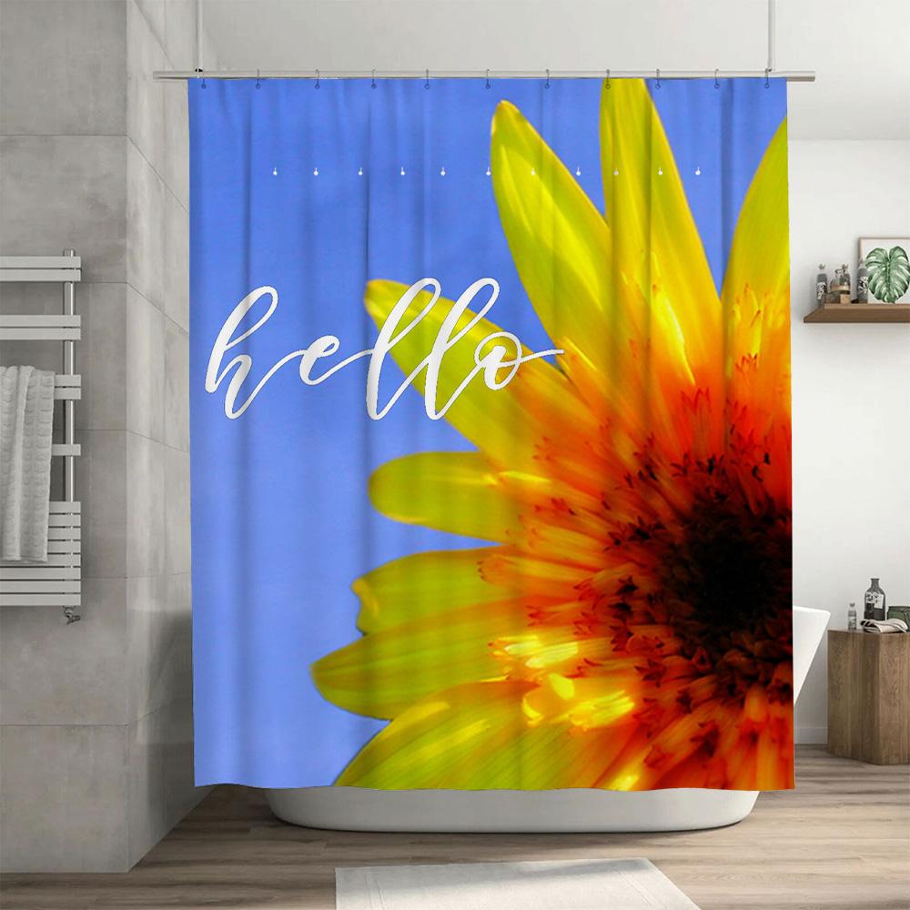 Hello Sunflower Shower Curtain Blue Background with Bright Yellow Flower Design for Bathroom Decor Polyester Fabric Waterproof H