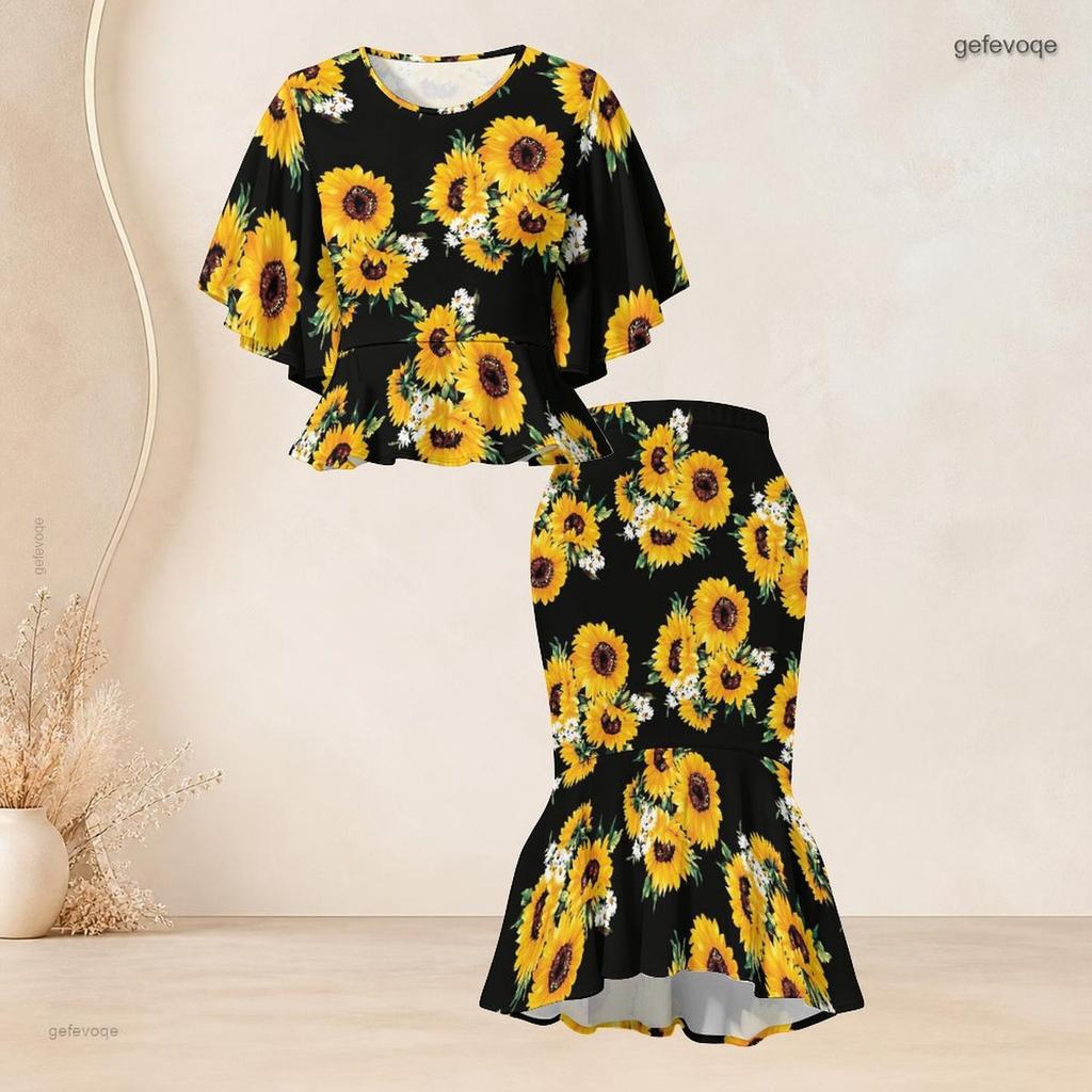 Women Plus Size Two Piece Set Round Neck Batwing Sleeve Ruffle Hem Top Fishtail Skirt American Flag Printed Red Blue White