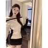 Kumikumi Pure Desire Style Letter Embroidery off-Shoulder Long sleeve Knit Women Autumn Waist Hugging Slimming Versatile Top