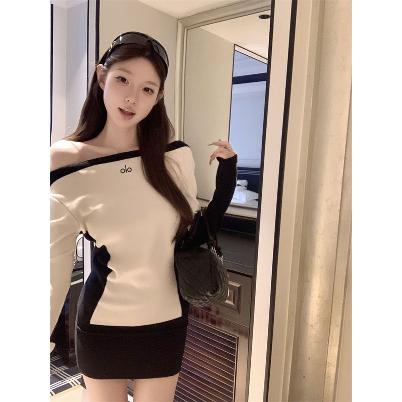Kumikumi Pure Desire Style Letter Embroidery off-Shoulder Long sleeve Knit Women Autumn Waist Hugging Slimming Versatile Top