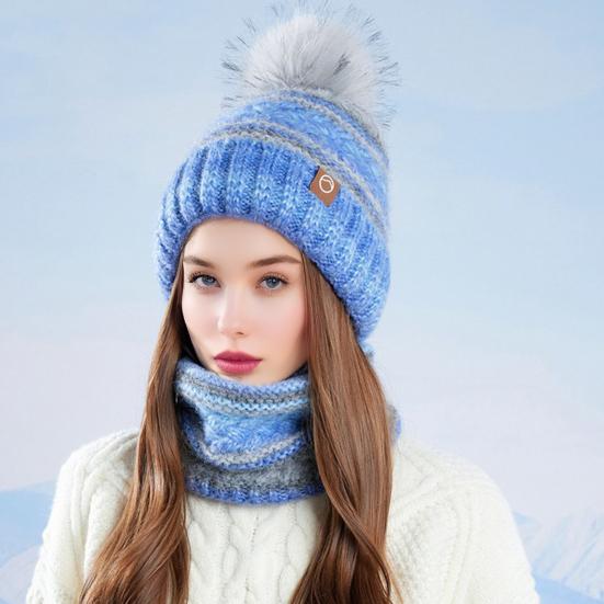 2Pcs/Set Winter Hat Scarf Set Thickened Velvet Lining Colorful Versatile Elastic Fit Knitting Hat Neck Warmer Set