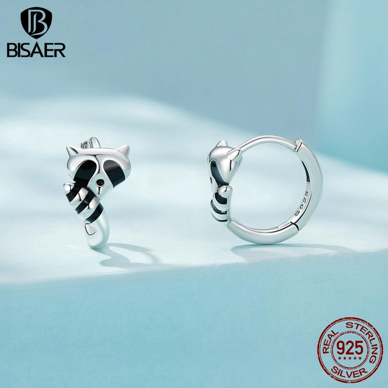 

BISAER стерлингового серебра 925 пробы, живые пряжки для ушей енота, черные эмалированные серьги-кольца с животными для женщин, милые ювелирные изделия, подарок 925 silver
