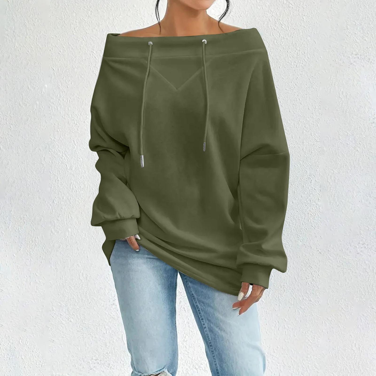 

Women s Loose Casual Through Drawstring Off-the-shoulder Line Neck Top XXL
