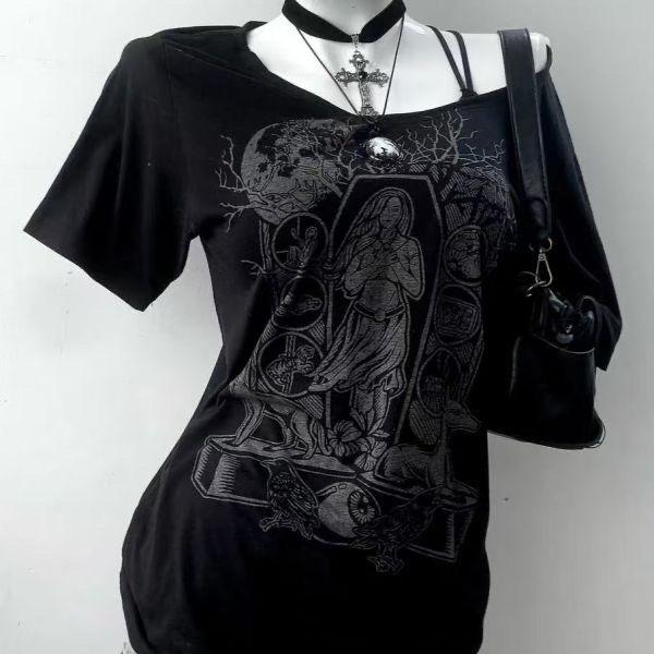 2000s American Vintage Gothic Black Women T-shirts Punk Style Graphic Grunge Tshirts Harajuku Y2k Long Sleeve Tops Streetwear