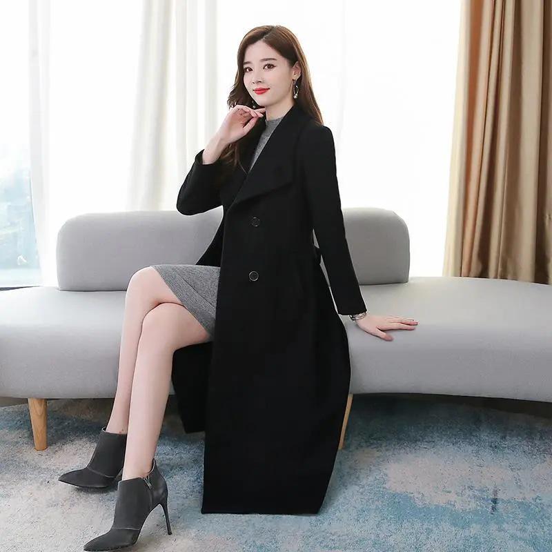 Women's 2023 Spring & Autumn Wool Windbreaker: Oversized, Over-the-Knee, Slim Waist, Long Lapel Coat