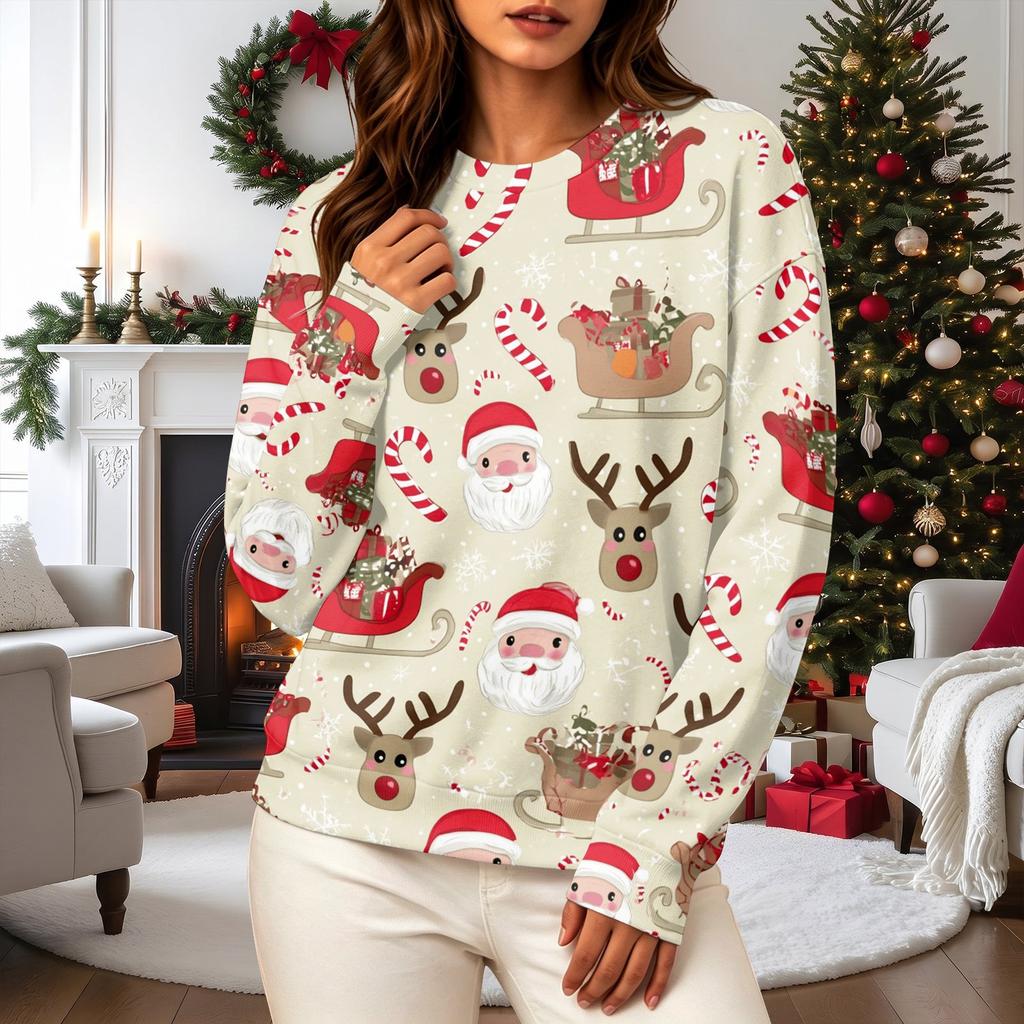 Women's Casual Long Sleeve Christmas Print Neck Pullover Sweatshirt Top