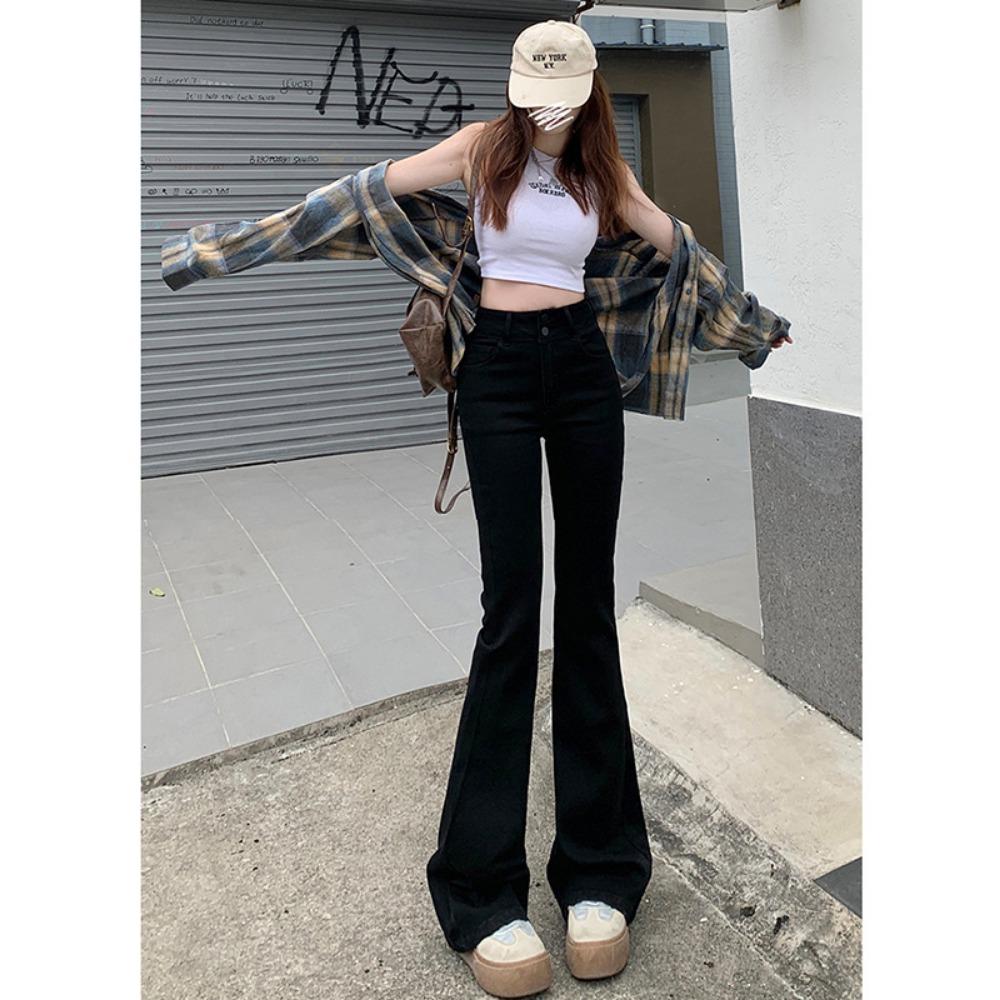 Frühling und Sommer neue Jeans Schlaghosen Damen elastisch und dünn Doppel-Schnalle Bauch vielseitig schmal Spice Girl Hosen ins