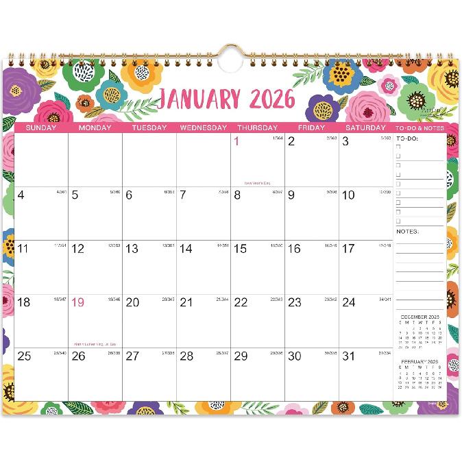 2026 Calendar - 2026 Wall Calendar, 15  x 11.5 , JAN.2026 -DEC.2026, 12 Monthly Wall Calendar 2026, Hanging Hook - Clorful Floral