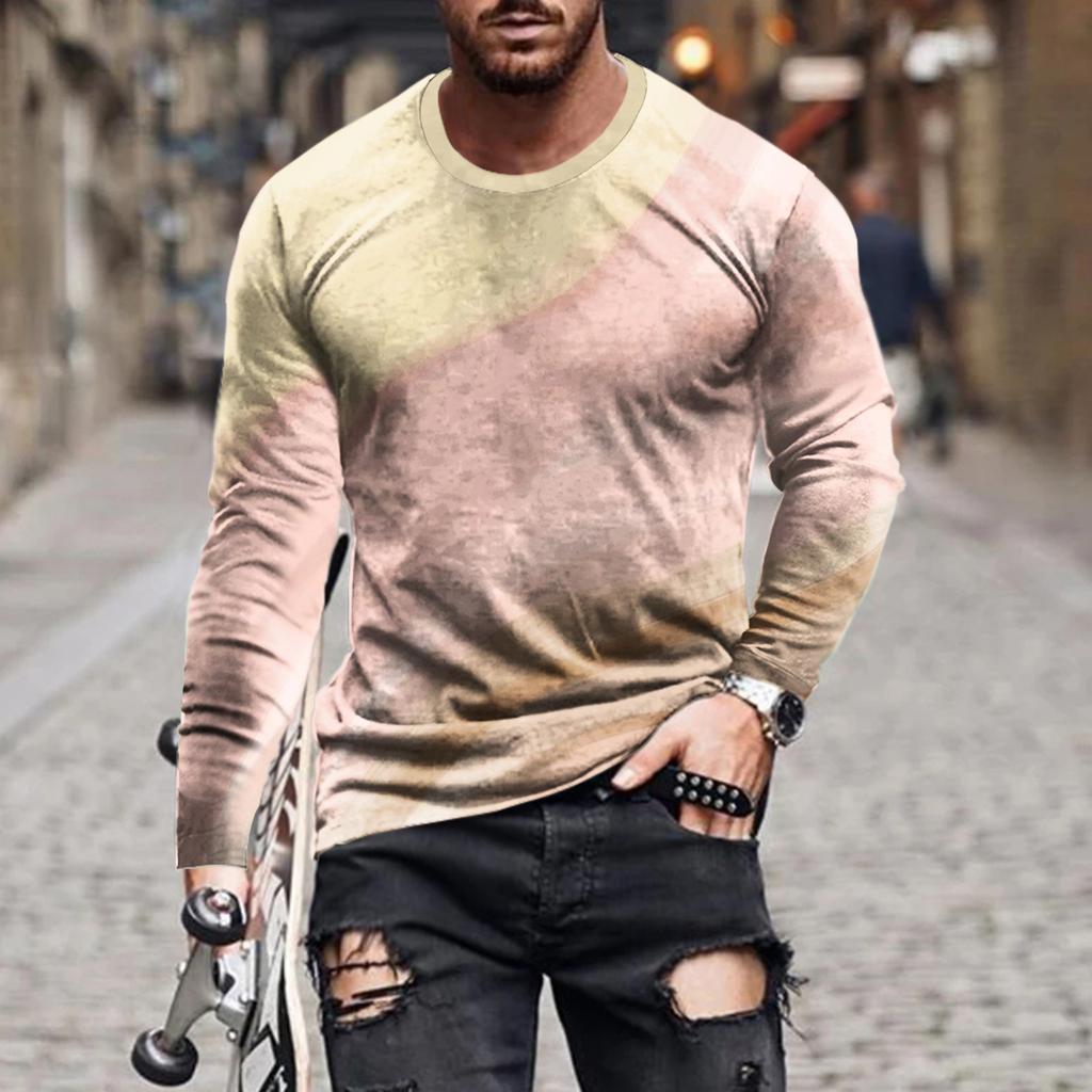 Vintage Enkel Enfärgad 3d-tryck Sommar Herr Rundhals T-shirt Ledig Långärmad Oversize Pullover Mode Herrkläder