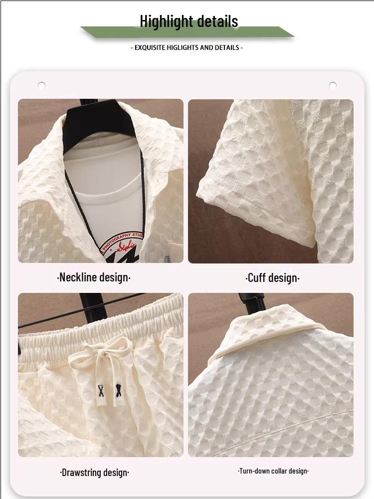Men's Trendy Summer Ice Silk White Short-Sleeve Shirt and Five-Point Shorts Sports Casual Set