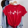 Maycaur Women T Shirt Fashion Dog Heartbeat Print T-shirt Funny 90s Print T Tee Womens Tshirt for Female Red Shirt Clothes Tops