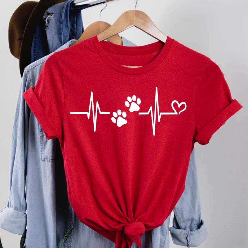 Maycaur Women T Shirt Fashion Dog Heartbeat Print T-shirt Funny 90s Print T Tee Womens Tshirt for Female Red Shirt Clothes Tops