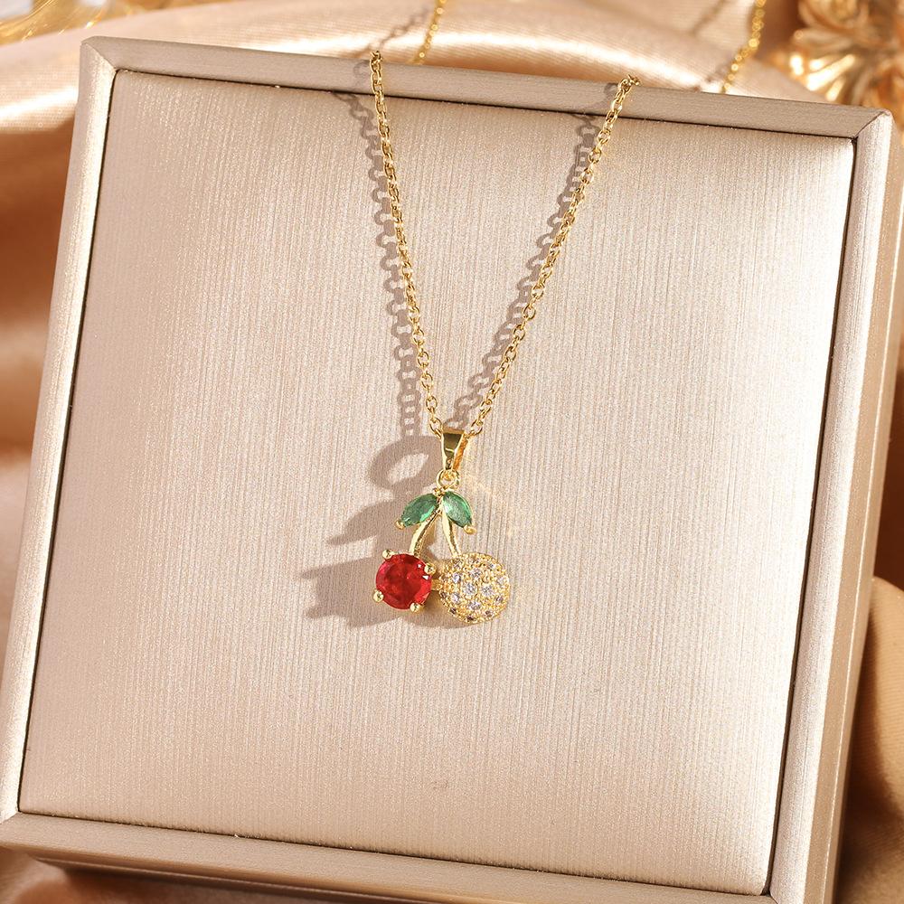 Fashion Zircon Cherry Pendant Titanium Steel Necklace Women's Collarbone Chain Jewelry