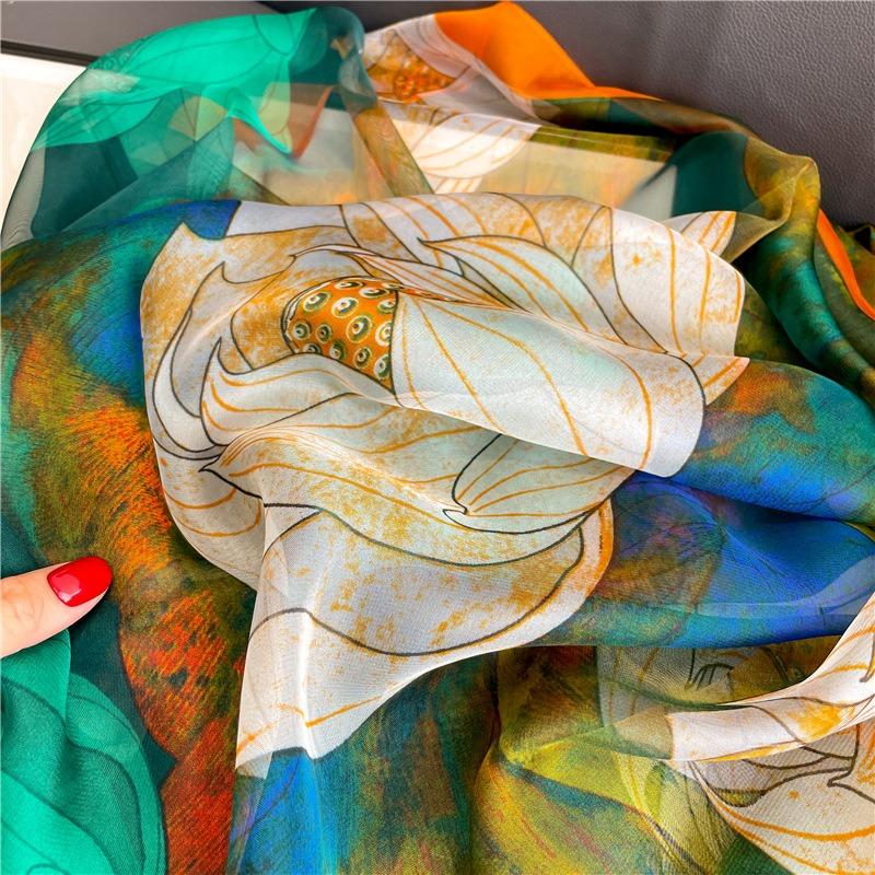 Lotus simulation silk pattern scarf silk scarf commuting sun protection light luxury temperament large shawl soft yarn female large size