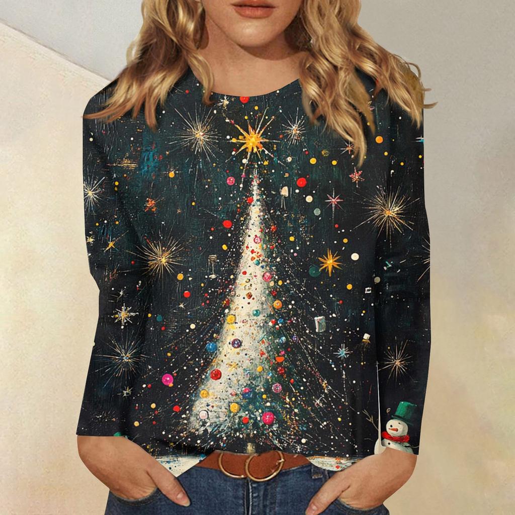 Damenmode, lässig, langärmelig, weihnachtlich bedruckt, Rundhals-T-Shirt