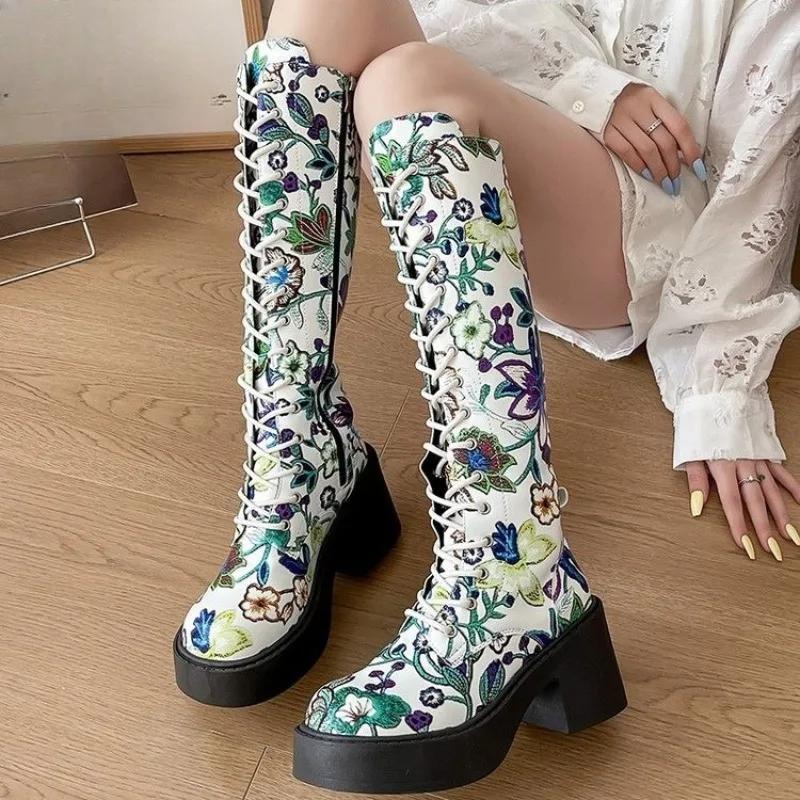 Móda Vysoké kozačky Šněrování vpředu Kulatá špička Dámské Podzim Zima Nové Blokový podpatek Římské Dámské Vysoké kozačky