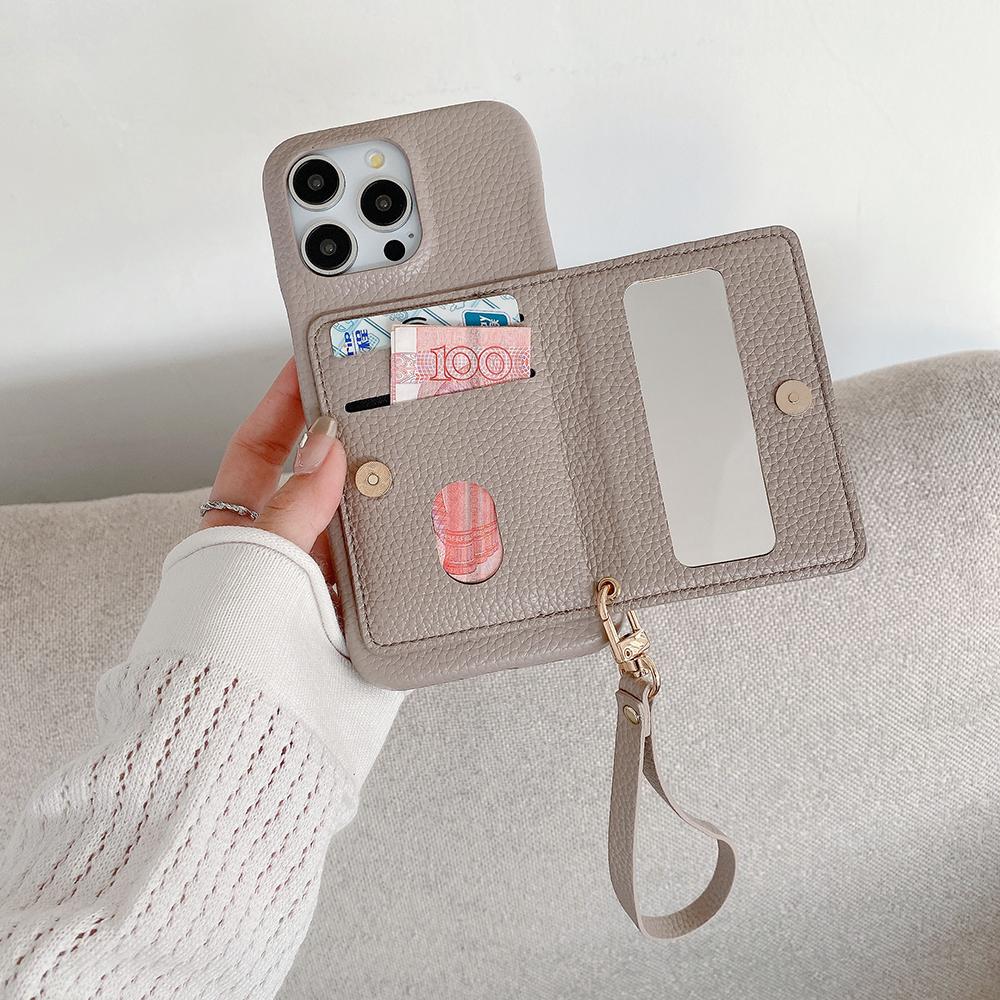 For iPhone 15 Pro Case Card Slots Kickstand PU Leather Back Cover with Zipper Pocket,Wrist Strap