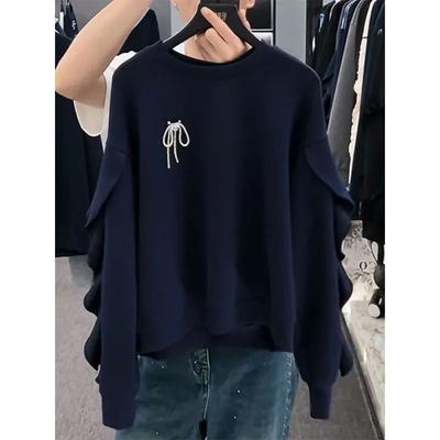 Einfarbiger Sweatshirt für Damen mit Stickerei-Schleife Locker und Vielseitig Ärmel Gefaltetes Rüschen-Oberteil Lässiger Pullover