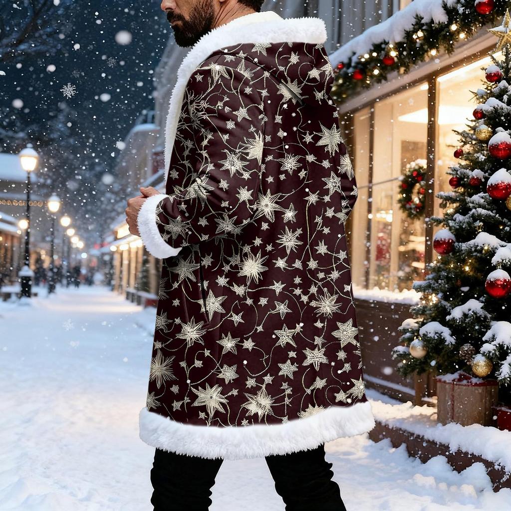 Men's Christmas Long Hooded Cardigan With Pockets Warm Jacket